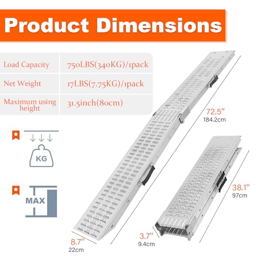 72.5" Heavy Duty Folding Loading Ramps, 1500lb Capacity, Ideal for Motorcycles, Lawn Mowers, ATVs, UTVs, and More – Pack of 2 with Safety Straps and Gloves