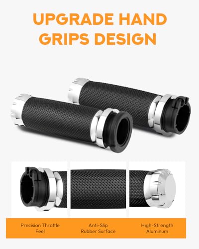PBYMT 1inch Handlebar Grips, Cable Throttle Control Hand Grips Fit for Harley ’96-Later XL, ’96-’07 Touring, ’02-’17 VRSC, ’08-’13 XR, ’96-’17 Dyna (Except FXDLS) - color: Chrome