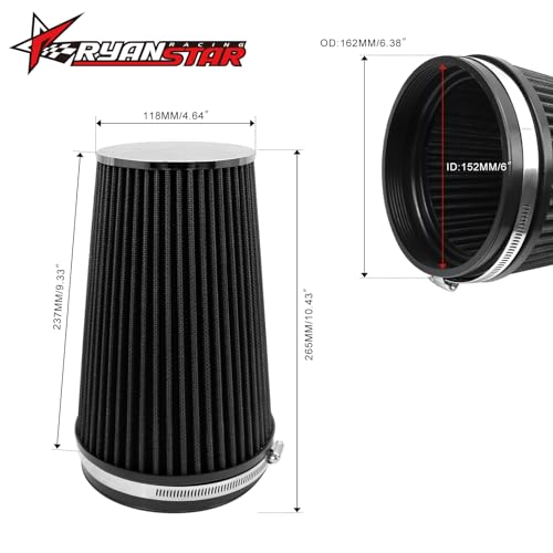 RYANSTAR 6 Inch Cone Air Filter 152mm High Flow 265mm Tall Washable Black - color: black, size: 6" Truck Tall