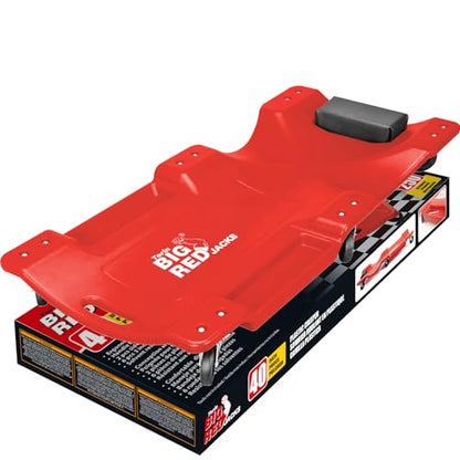BIG RED TRP6240 Torin Blow Molded Plastic Rolling Garage/Shop Creeper: 40" Mechanic Cart with Padded Headrest, Dual Tool Trays and 6 Casters, Red - style: Red Rolling Creeper