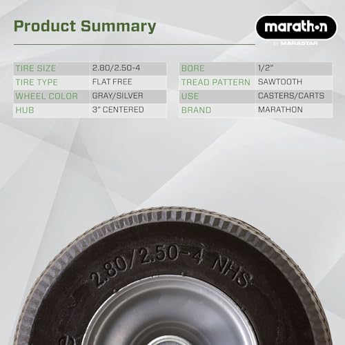 Marathon 00026 Flat Free 2.80/2.50-4 Tire and Wheel Assembly, 3” Centered Hub, 1/2” Ball Bearings, Replacement Tire for Casters, Utility Carts and Other Equipment, Easy Install Assembly - style: 1/2" Ball Bearings