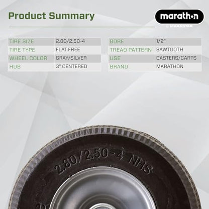 Marathon 00026 Flat Free 2.80/2.50-4 Tire and Wheel Assembly, 3” Centered Hub, 1/2” Ball Bearings, Replacement Tire for Casters, Utility Carts and Other Equipment, Easy Install Assembly - style: 1/2" Ball Bearings