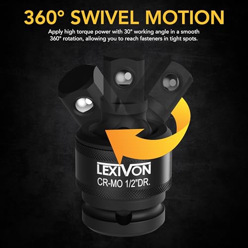 LEXIVON Premium Impact Universal Joint Socket Swivel Set | 3-Piece Ball Spring Design 1/2", 3/8", and 1/4" U-Joint Drive | Cr-Mo Steel - Full Impact Grade (LX-113) - style: Heavy-Duty