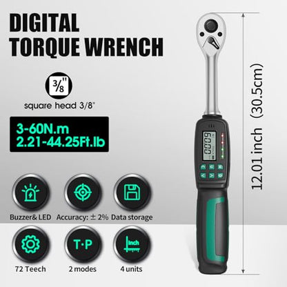 3/8" Digital Torque Wrench 1.33-44.25 ft-lb/1.8-60 Nm, ±2% Accuracy, LED & Buzzer Alerts, 4 Units, Industrial CR-V Steel, Calibration Report & Protective Case for Car, Motorcycle, Bike Repair - size: 3/8", 1.33-44.25 ft-lb (1.8-60 Nm)