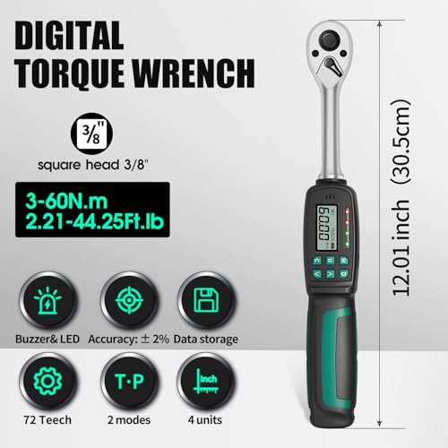 3/8" Digital Torque Wrench 1.33-44.25 ft-lb/1.8-60 Nm, ±2% Accuracy, LED & Buzzer Alerts, 4 Units, Industrial CR-V Steel, Calibration Report & Protective Case for Car, Motorcycle, Bike Repair - size: 3/8", 1.33-44.25 ft-lb (1.8-60 Nm)