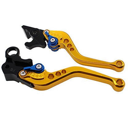 FXCNC CNC Aluminum Short Adjustable Brake Clutch Levers Compatible with YFM700 Raptor 700 R 2008-2022, YFZ450 YFZ450R YFZ450X 2008-2020, YFM250 Raptor 2008-2013, 250R 2011 - color: Gold Lever with Blue Adjuster