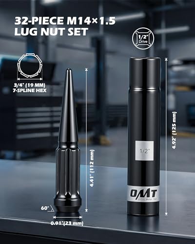 OMT M14x1.5 Spike Lug Nuts, 32pcs Lug Nuts Set with 1 Socket Key - color: Black, size: M14x1.5, style: 32Pcs Spike Spline Tuner