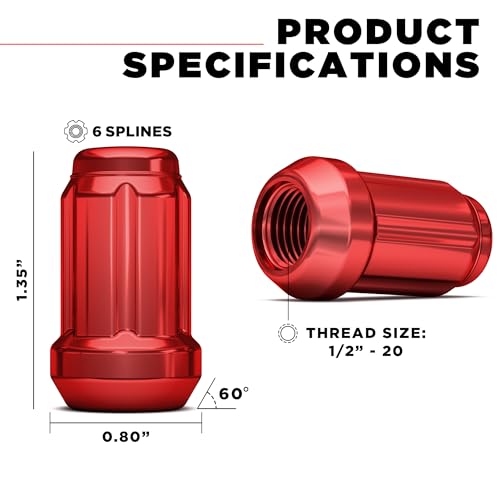 White Knight 3804RDT-20AM 1/2"-20 Red 6 Spline Lug Nut with Key, 20 Pack (for AFTERMARKET Wheels with Smaller 0.80" Diameter Seating) - color: Red