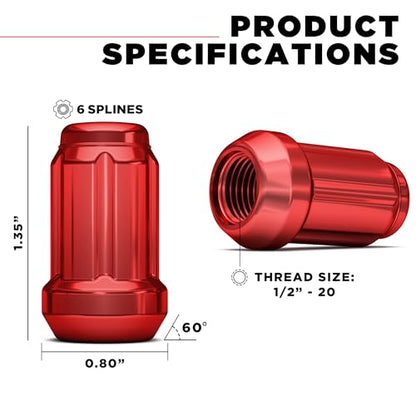 White Knight 3804RDT-20AM 1/2"-20 Red 6 Spline Lug Nut with Key, 20 Pack (for AFTERMARKET Wheels with Smaller 0.80" Diameter Seating) - color: Red