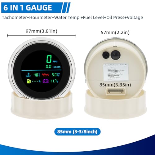 MH 6-in-1 Digital Gauge- Tachometer (0-19999 RPM), Hour Meter, Water Temp (℉/℃), Fuel Level, Oil Press (PSI/BAR), Voltage (0-99.9V) - 85mm AUTO Boat Gauge for Car Truck