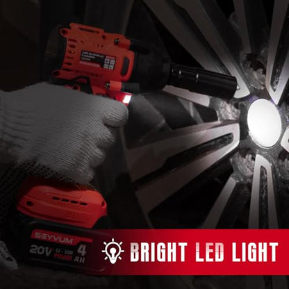 SEYVUM Impact Wrench,1/2" Impact Gun, Power Impact Driver Max Torque 320 Ft-lbs (430N.m), Cordless Impact Wrench with 20V Brushless Motor, 4.0Ah Li-ion Battery with Fast Charger, 4 Pcs Impact Sockets - style: 430 N.m