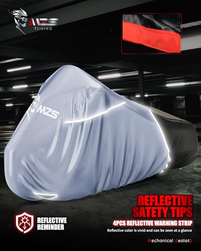 MZS Motorcycle Cover Waterproof Outdoor, Heavy Duty All Season Weather Sun Protection with Storage Bag Vents Night Reflective Cotton Lining Lock Holes fits up to 104" Motorcycles Vehicle Covers