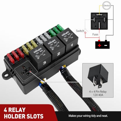 Nilight 12V Fuse Relay Box 4 Relays 4pin 40A 12 Fuses Pre-Wired Block Kit - color: Pre-Wired Box 4 Relay 12 Fuse