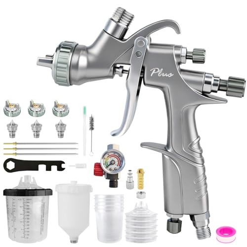 A610 LVLP Air Spray Gun Kit, 1.3/1.7/2.0mm Nozzles Paint Gun Sprayer and Air Regulator, 5×650ml Mixing Cup and 600ml Plastic Cup, Automotive Paint Gun for Car, Furniture, Fence, Varnish& Top Coat - size: Gray mixing cup