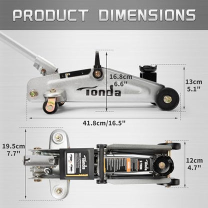 TONDA Floor Jack, Hydraulic Portable Car Lift Jack, 2 Ton (3,800 lb) Capacity, Silver