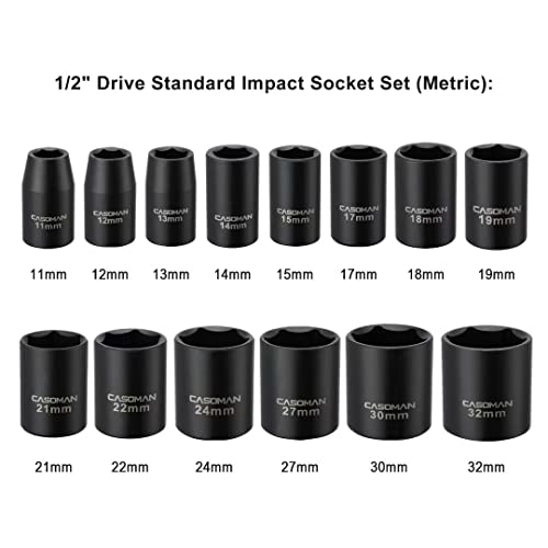 CASOMAN 14 Pieces 1/2-Inch Drive Shallow Impact Socket Set, Metric, 6-Point, 11mm to 32mm - size: 11mm-32mm, Shallow
