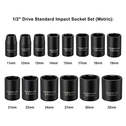 CASOMAN 14 Pieces 1/2-Inch Drive Shallow Impact Socket Set, Metric, 6-Point, 11mm to 32mm - size: 11mm-32mm, Shallow