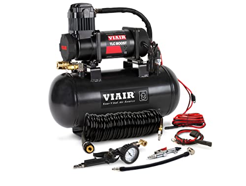 VIAIR TLC BOOST Air Compressor Source Kit – 120 PSI Stationary Tire Inflator with 1.5 Gallon Tank, Presta Valve Chuck, Inflation Tips & 30ft Coil Hose – For Air Tools, DIY Projects & Mobile Shops - style: TLC BOOST Air Compressor Source Kit