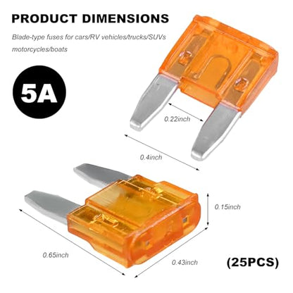 25 PCS 5 Amp Mini Car Fuses, 5A Automotive Blade Fuse Replacement, Auto Fuse Kit for Car RV Truck Motorcycle SUV Boat - color: 5A