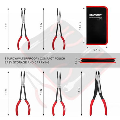 HAUTMEC 11Inch Extra Long Needle Nose Pliers Set, 5PCS Spring Loaded Heavy Duty Long Reach Pliers Include Hose Grip and Diagonal Cutting Plier, Straight and 45/90 Degree Bent Nose Pliers - color: 5pcs Long Plier Set