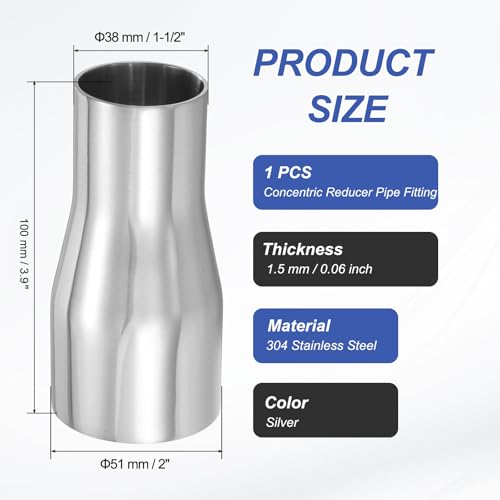 PATIKIL Concentric Reducer Pipe Fitting 2"(51mm) to 1-1/2"(38mm) OD - size: 2" to 1-1/2" OD