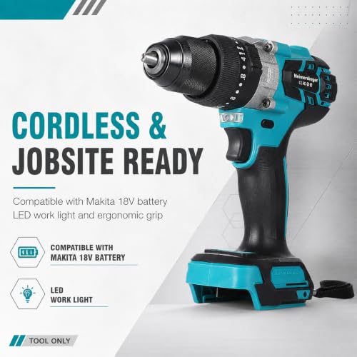 1300 In-lbBrushless Impact Drill for Makita 18V Battery, 1/2'' Metal Chuck Hammer Drill - color: Impact Drill With Handle