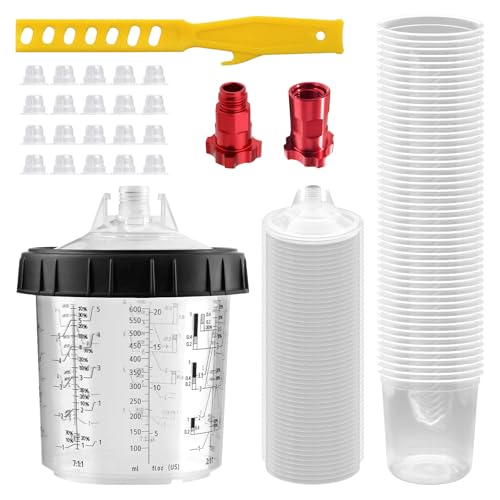 Disposable Paint Spray Gun Cup System Kit, 20oz (600ml) – 50 Disposable Paint Cup Liners with Lids & 190 Micron Filter, 2 Hard Cups with Retainer Rings, 2 Spray Gun Adapters, 20 Plugs, PTFE Tape - size: 600ml/20oz