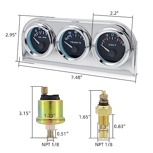 ARTILAURA 52mm Triple Gauge Set (Oil Pressure + Water Temp + Volt) 3 in1 Black AUTO Gauges 3 Set Cluster Kit Dashboard with Silver Console for 12V Cars - color: Silver & Black