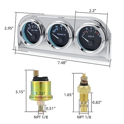 ARTILAURA 52mm Triple Gauge Set (Oil Pressure + Water Temp + Volt) 3 in1 Black AUTO Gauges 3 Set Cluster Kit Dashboard with Silver Console for 12V Cars - color: Silver & Black