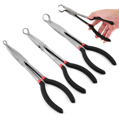 3PCS 11" Long Hose Grip Pliers, 5/16 Inch, 1/2 Inch, 3/4 Inch Ring Nose Hose Gripper Pliers Kit, O-shape Tip Serrated Jaws, Offset Spark Plug Boot Removal Pliers for Narrow Space