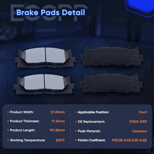 ECCPP Brake Pads, Ceramic Pad Kits D1222 D1212 For Toyota For Camry 2007-17 - size: Front D1222-8331 + Rear D1212-8332