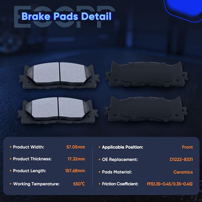 ECCPP Brake Pads, Ceramic Pad Kits D1222 D1212 For Toyota For Camry 2007-17 - size: Front D1222-8331 + Rear D1212-8332