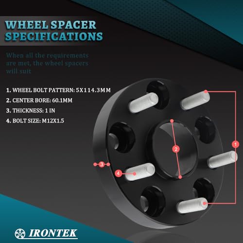 IRONTEK 5x114.3mm Wheel Spacers Compatible for Lexus ES300 300h, GS300 350 430 450, IS250, LS400 430; for Toyota Tacoma, Highlander, Rav4, Avalon Forged 1in Thread Pitch M12x1.5 Hub Bore 60.1mm 4PCS - size: 5x4.5-1in-4PCS