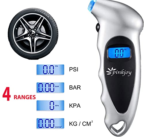 PINKJOY Digital Tire Pressure Gauge 4 Pack 150 PSI, 4 Settings, Tire Gauge for Car, Truck, Motorcycle, Bicycle with Backlit LCD and Non-Slip Grip (Silver) - color: Silver 4 Pack