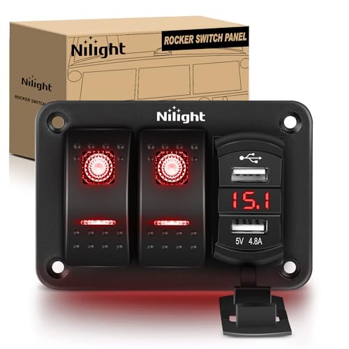 Nilight 2 Gang Rocker Switch Panel with Dual USB Socket Voltmeter - color: Red, size: 3 Gang Dual USB