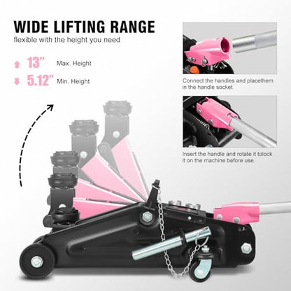 DNA Motoring Floor Jack with Socket and Lock, Low Profile Hydraulic Trolley Jack for Cars Lift, 2 Ton (4000 lbs) Capacity, Lifting Range 5.12"-13", Pink, TOOLS-00677-PK - color: Pink, style: 2 ton(w/ socket & losck)