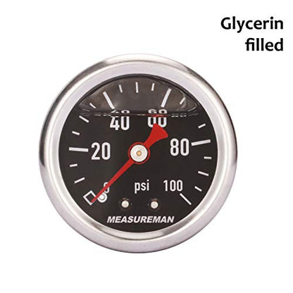 MEASUREMAN 1.5" Black Dial, 304 Stainless Steel case, Liquid Filled Fuel Pressure Gauge, 0-100Psi, -3-2-3%, 1/8" NPT Center Back Mount - size: 0-100 psi, style: Back Mount (Black Dial)