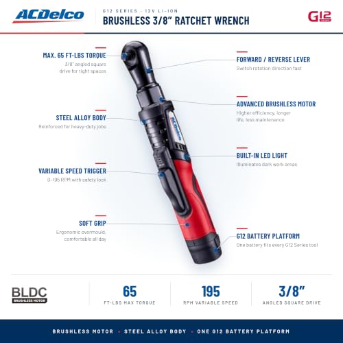 ACDelco ARW12103-K1 G12 Series 12V Cordless Li-ion 3/8” Brushless Ratchet Wrench & Impact Wrench Combo Tool