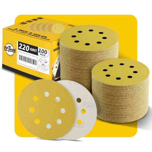100PCS 5 Inch 220 Grit 125mm 8 Hole Sanding Discs Sandpaper - Premium Gold Round Hook and Loop for Random Orbital Sander - Ideal for Wood, Metal, Automotive - style: 220 Grit - 100 Pack
