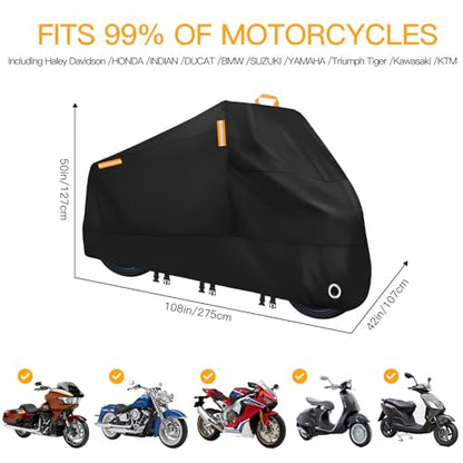 300D Heavy Duty Motorcycle Cover Waterproof Outdoor Storage - size: XL = 108" x 42" x 50"