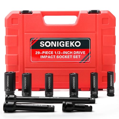 29-Piece 1/2" Drive Impact Socket Set，(3/8"-1", 10mm-24mm) - size: 29 PCS, 1/2" Socket Set, Metric & SAE