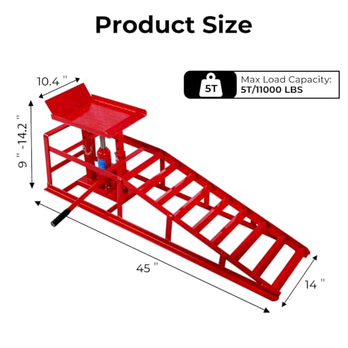 Skepphlay 2PCS Hydraulic Car Ramps 11000lbs 5T, Heavy Duty Car Ramps with Hydraulic Jack, Steel Car Service Ramp High Lift 9"-14.2" for Auto Truck Repair, Changing Oil, Red - color: Red