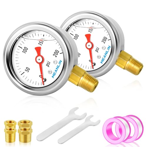 MEANLIN MEASURE 2pcs 0~200Psi Stainless Steel Liquid Filled, 1/8" NPT 1.5" Glycerin Filled Pressure Gauge, Water Oil Air, Lower Mount, with 1/4" NPT and 3/8" NPT Hex Bushing - size: 0-200Psi