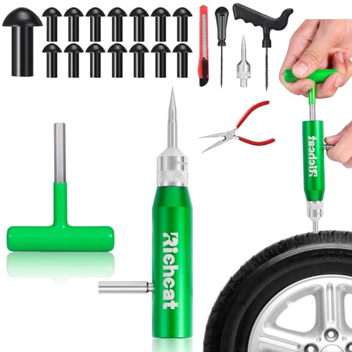Richcat Tubeless Tire Puncture Repair Kit with Mushroom Plug, Repairs punctures and Flat Tires for Motorcycles, Cars, Trucks, ATVs and Tractors - size: 15Plugs Kit