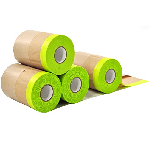 xianshengle Pre-Taped Masking Paper for Painting Tape and Drape Painters Paper, Paint Adhesive Protective Paper Roll for Car and Furniture Protection (4 Rolls)