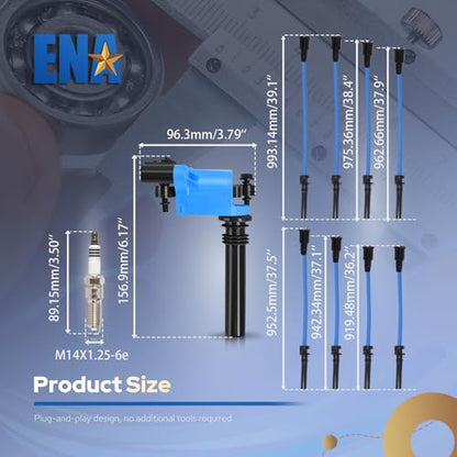 ENA Set of 8 Blue Ignition Coil Pack with 16 Spark Plug and Blue Wire Set Compatible with Chrysler Dodge Jeep Ram 1500 2500 3500 Magnum Grand Cherokee 300 5.7L V8 2003 2004 2005 Replacement for UF378