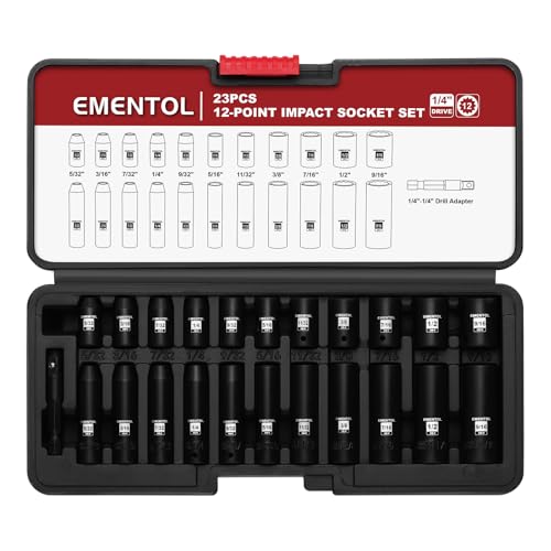 EMENTOL 1/4" Drive Impact Socket Set, 23 Pieces Deep & Shallow Socket Set, SAE 5/32"-9/16", 12 Point CR-V, Includes Drill Bit Adapter - size: 1/4" Drive (4-14mm)