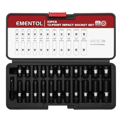 EMENTOL 1/4" Drive Impact Socket Set, 23 Pieces Deep & Shallow Socket Set, SAE 5/32"-9/16", 12 Point CR-V, Includes Drill Bit Adapter - size: 1/4" Drive (4-14mm)