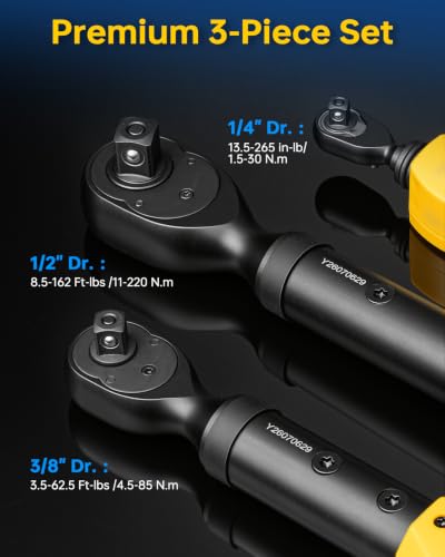 1/2", 3/8" &1/4" Digital Torque Wrench Set, 162Ft-lb, 62.5Ft-lb & 22.1Ft-lb - size: 1/2" & 3/8" & 1/4" 8 PC