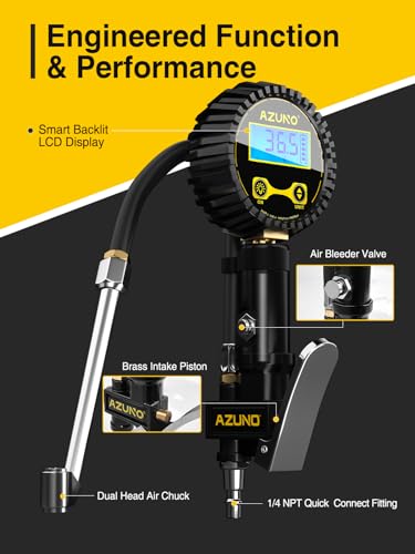 AZUNO Digital Tire Inflator with Pressure Gauge, 200 PSI, Heavy Duty Air Compressor Accessories, w/Rubber Hose Lock on Air Chuck and Quick Connect Coupler - size: 200PSI